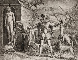Description des crimes infligés aux Indiens par les colons espagnols - Conquistadors espagnols massacrant des femmes et des enfants indiens. Pendaison. Enfants jetés aux chiens - Gravure de Théodore de Bry dans "Narratio regionum indicarum per Hispanos quo - Theodore de Bry