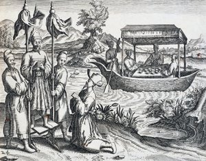 Rue des dignitaires, du voyage entrepris par Jan Huyghen van Linschoten (1563-1611) entre 1583 et 1592, gravure de l
