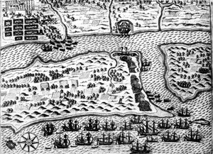 Drake capture le bateau « Saint Augustin », en 1586, par De Bry