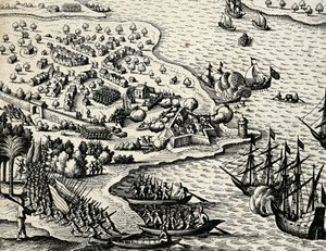 Expédition hollandaise le long de la côte du Mozambique, gravure tirée de India orientalis par Theodor de Bry (1528-1598) - Theodore de Bry