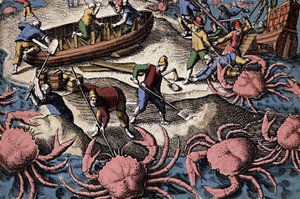 Navigateurs européens combattant un gros crabe. Gravure de "Petites voyages aux Indes Orientales" par Theodore de Bry - Theodore de Bry