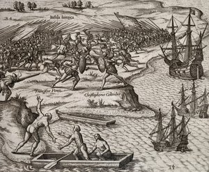 Combat entre Christophe Colomb et Francesco Poresio en Jamaïque, gravure de Theodor de Bry (1528-1598) - Theodore de Bry