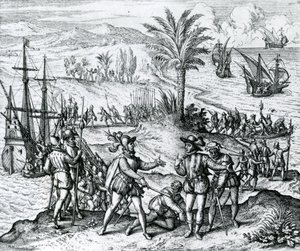 Francisco de Bobadilla arrivant comme gouverneur et arrêtant Christophe Colomb (1451-1506) à Hispaniola, 1500, 1590 - Theodore de Bry