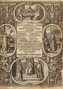 Frontispice avec vignettes de scientifiques dans des bordures - Theodore de Bry