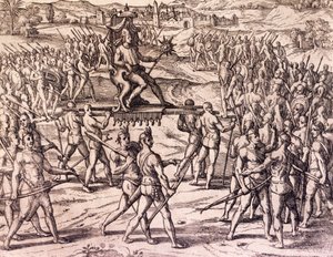 Empereur Inca Atahualpa vaincu par les troupes espagnoles de Francisco Pizarro - Theodore de Bry