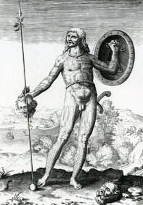 Homme picte tenant une tête humaine - Theodore de Bry