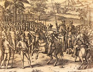 Pizarro accueilli par les indigènes - Theodore de Bry