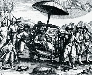 Portugais en Inde, transportés en litière, gravure tirée de Peregrinationes, par Theodor de Bry (1528-1598), Inde