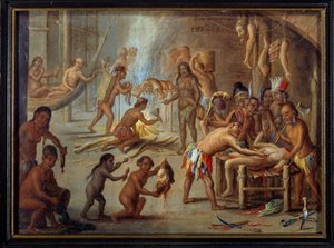 Scène de cannibalisme au Brésil en 1644 (les Indiens dévoraient leurs ennemis et prisonniers)