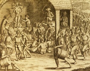 Rite religieux indigène sud-américain, gravure de Historia americae, par Theodor de Bry, Francfort - Theodore de Bry