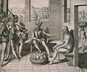 Conquérants espagnols rencontrant des femmes indigènes en Amérique - Theodore de Bry