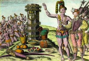 Les Floridiens sont venus à la colonne érigée par le navigateur français Jean Ribault (1520-1565) de la première expédition en Floride Gravure de l