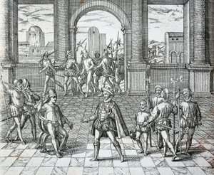 Le roi inca Atahualpa capturé par les Espagnols à Cajamarca, Illustration de l