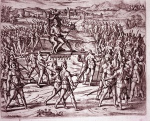 Le roi inca, Atahualpa (ou Atabaliba), tenant un sceptre en forme de soleil, est porté sur une litière pour rencontrer Francisco Pizarro (Gravure) - Theodore de Bry