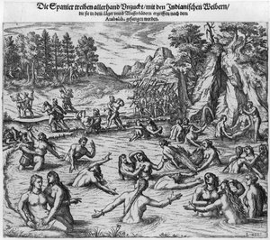 Les Espagnols maltraitant les femmes indiennes après la capture du roi Atahualpa (vers 1502-33) en 1532 - Theodore de Bry