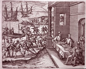 Les conquistadors espagnols Francisco Pizarro, Diego de Almagro et Hernando de Luque unissent leurs forces pour conquérir le Pérou. Gravure - Theodore de Bry