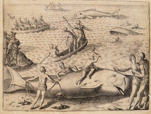 Chasse à la baleine près de Spitsbergen, gravure de Theodor de Bry (1528-1598) de India Orientalis (Inde Orientale) - Theodore de Bry
