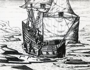 Navire de William Barents lors de la troisième expédition néerlandaise à la recherche du Passage du Nord-Est, par Theodor de Bry, gravure - Theodore de Bry