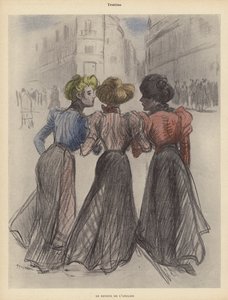 Trois femmes marchant dans la rue (lithographie en couleur)