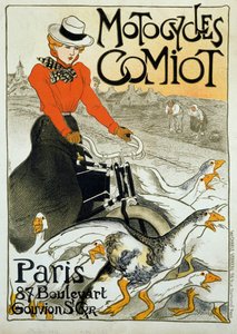 Affiche publicitaire pour les motocyclettes Comiot. Une jeune femme sur une mobylette roule parmi un groupe d