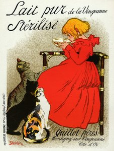 Alimentation et boissons. Lait de Vingeanne. Petite fille avec des chats. Affiche par Steinlen, France, vers 1890