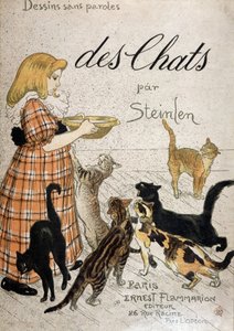 Fille apportant un bol de lait aux chats - couverture « Chats » par Steinlen, 19e siècle