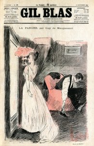Illustration par Steinlen de la nouvelle de Guy de Maupassant "La Parure". Madame Loisel se regarde dans le miroir tandis que son mari lui retire ses chaussures. Elle découvre qu