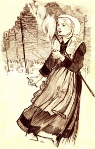 Jeune villageoise - fileuse - dessin (détail) par Steinlen (1859-1923) pour illustrer la chanson « Pourquoi files-tu ? » - fin du 19e siècle - Théophile Alexandre Steinlen