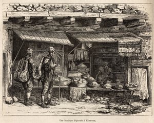 Une épicerie à Erzeroum (Arménie) (illustration du voyage en Lazistan et Arménie, par Théophile Deyrolles, 1869, publié dans "Le tour du monde" 1875)
