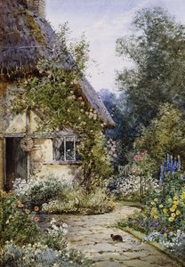 Un jardin de cottage avec un chat au premier plan; et une bordure de cottage en été - Theresa Sylvester Stannard