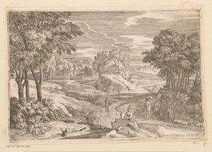 Paysage arcadien avec une femme assise près d