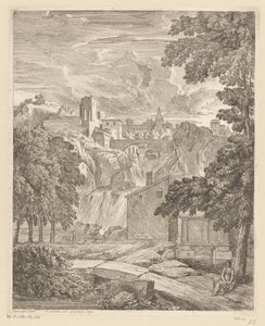 Paysage arcadien avec une cascade et une femme sous un arbre - Théodore