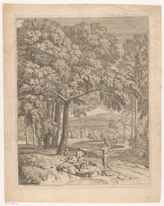 Paysage arcadien avec deux hommes et une femme portant un panier - Théodore