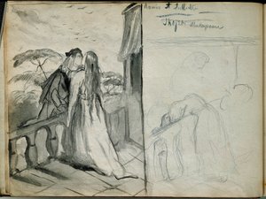 Les amoureux Roméo et Juliette. Illustration de la pièce du même nom de William Shakespeare (1564-1616) représentant les amoureux s
