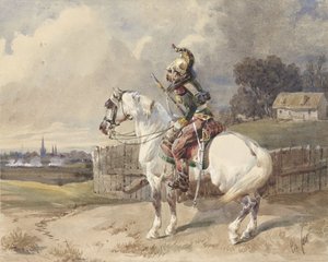 Dragon français sur un cheval blanc, tourné à gauche, en profil - Théodore Fort (signed by artist)