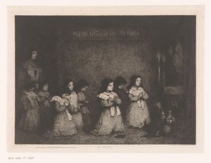 Groupe de filles en prière devant une statue de Marie (La Prière) (Eaux-Fortes Modernes: Originales et Inédites)