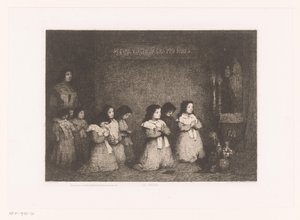 Groupe de filles en prière devant une statue de Marie (La Prière, Eaux-Fortes Modernes: Originales et Inédites)