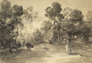Paysage boisé avec figures, cottage et vache