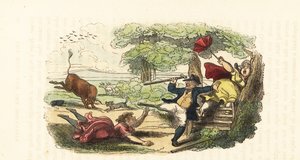 Une famille de botanistes attaquée par un taureau en furie dans un champ, 1831