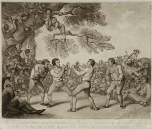 Le match de boxe entre Daniel Mendoza et Richard Humphreys à Stilton, Huntingdonshire, 6 mai 1789, gravé par Joseph Grozer