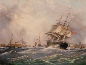 Navire de guerre britannique au large de Portsmouth - Thomas (attr. to) Buttersworth
