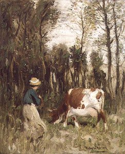 Fille conduisant une vache - Thomas Austen Brown