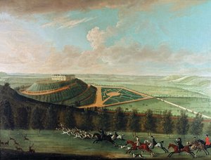 Vue du château de Belvoir depuis le sud-ouest, avec la chasse de Belvoir en pleine course, 1730 - Thomas Badeslade