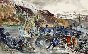 Chariot de charbon local et chalutiers, Seydisfjordur, Islande - Thomas Barclay Hennell