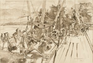 Déchargement de charbon, Hvitanes (encre sur papier) - Thomas Barclay Hennell