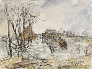 Île de Walcheren (Pays-Bas) inondée. Peinture de Thomas Hennel (1903-1945), aquarelle 1944