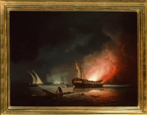 Frégate en feu après une bataille navale - Thomas Buttersworth