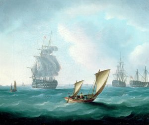 Navires de guerre britanniques et une carcasse dans une houle, un bateau à voile au premier plan