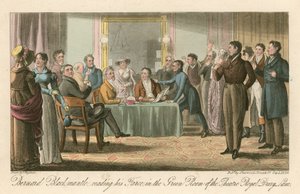 Bernard Blackmantle, lisant sa farce dans la salle verte du Theatre Royal, Drury Lane, Londres - Thomas Charles Wageman