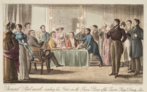 Bernard Blackmantle lisant sa farce dans la Green Room du Covent Garden Theatre, de The English Spy - Thomas Charles Wageman